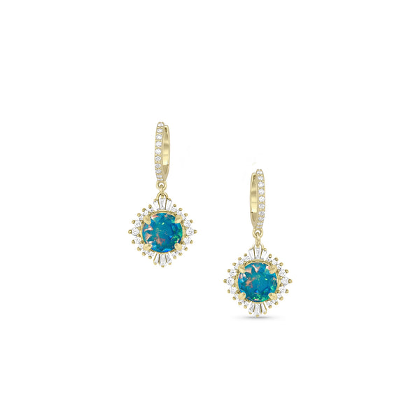 18k gold Australian opal, white diamond huggie hoop dangle sparkle earring <span class='visuallyhidden'>Call or text 323-404-2959 for shopping assistance</span>